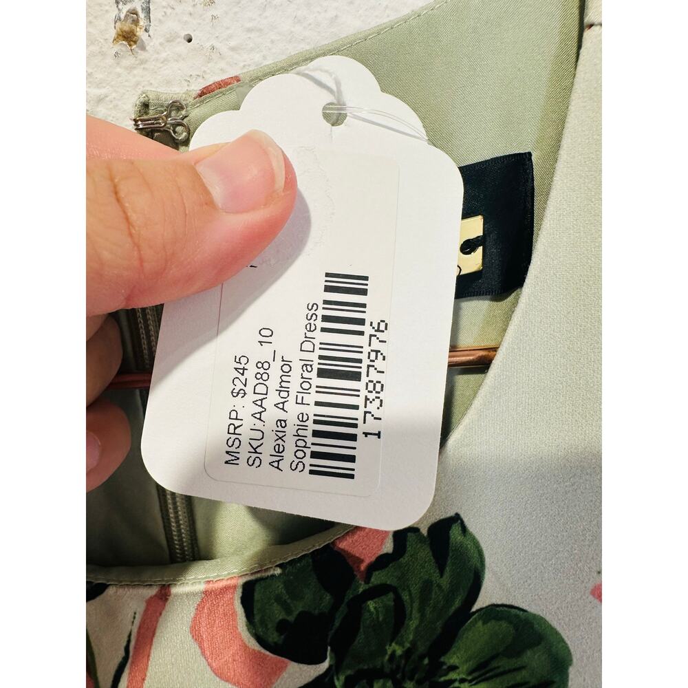 ALEXIA ADMOR Off-White Green Floral Sophie Cinched Waist Flowy Dress size 10 - Picture 14 of 16